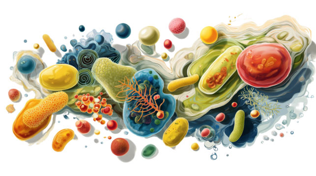 A colorful artistic representation of various cells and microorganisms in a fluid environment
