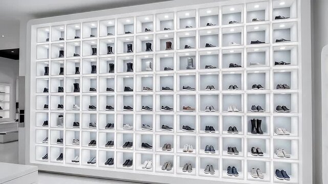 Modern shoe store interior featuring a large white display wall with numerous cubbies showcasing various footwear designs for customers