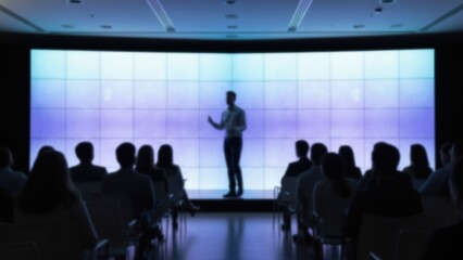Fototapeta premium Presenter on blurred stage before glowing digital screen with audience watching, innovation talk, crowd energy, urban motion