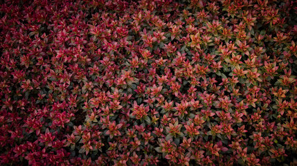 Vibrant red and green carpet texture with a colorful autumn flower leaf pattern.