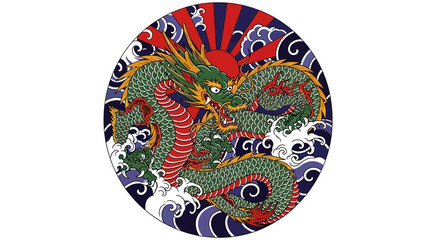 Detailed depiction of a dragon coiled around a sun, immersed in cultural richness and fantasy art