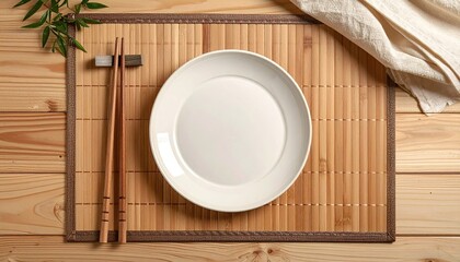 Overhead View Of A White Round Plate With Chopsticks And A Napkin On A Bamboo Placemat On A Wooden Table