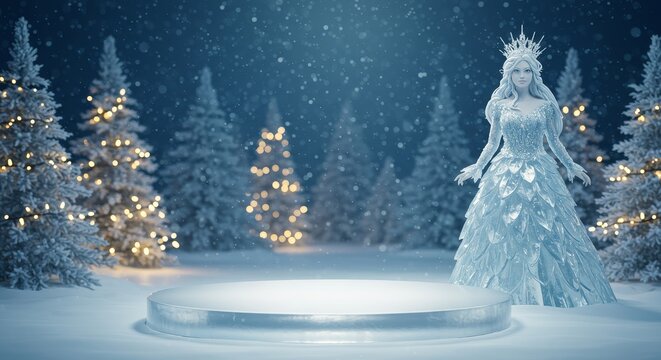 Magical Christmas Display: Ice Queen and Empty Ice Podium in Snowy Winter Forest, Bokeh Lights and Falling Snow Backdrop.