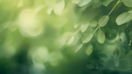 Bright sunlight illuminates vibrant green leaves and foliage in a summer forest with a soft bokeh effect, perfect for a nature background design.