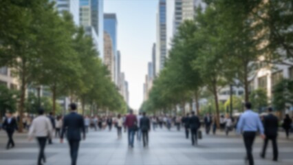 People walking along tree lined blurred city walkway under bright morning light, crowd energy, urban motion
