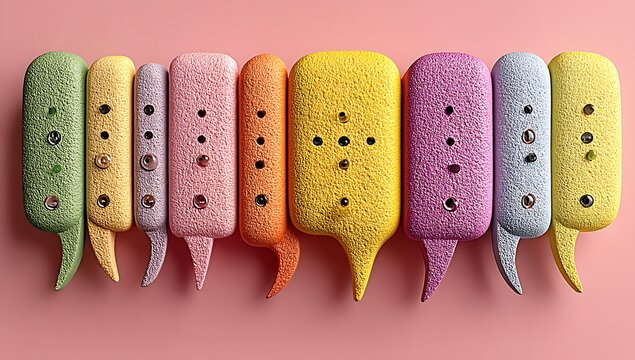 Row of Colorful Textured Speech Bubbles with Eyes on Pink Background chat communication