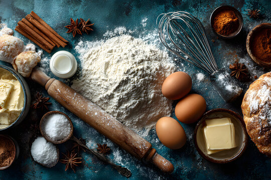 Christmas and winter baking background. Kitchen utensils and ingredients for cooking baking - flour, sugar, eggs, butter, milk, cinnamon sticks, whisk, rolling pin, anise, Blue concrete background