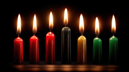 Seven Kwanzaa candles in arc formation with warm glowing flames, three red one black three green, dramatic low-key lighting and cinematic macro look symbolizing African heritage, unity and celebration