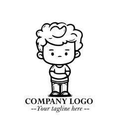 Obraz premium Black and White Chibi Boy Illustration with Jacket and Boots in Bold Thick Line Art Minimal Style 