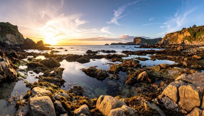 Panoramic Seascape at Sunset with Rugged Rocky Shoreline and Reflective Tide Pools Bathed in Golden Hour Light