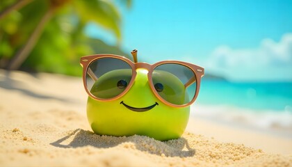 Fun summer concept of a green apple wearing sunglasses on the beach. Bright, creative, and eye-catching for lifestyle, health, and vacation themes.
