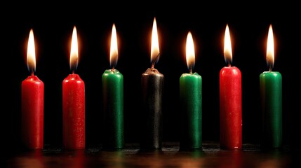 Seven Kwanzaa candles in arc formation with warm glowing flames, three red one black three green, dramatic low-key lighting and cinematic macro look symbolizing African heritage, unity and celebration