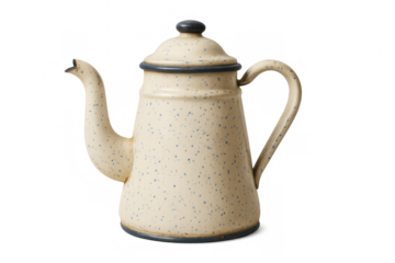Beige enamel percolator kettle featuring a speckled blue pattern, showing a vintage design for brewing coffee, transparent background