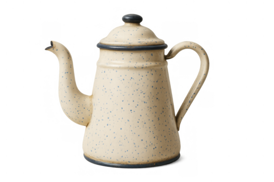 Beige enamel percolator kettle featuring a speckled blue pattern, showing a vintage design for brewing coffee, transparent background