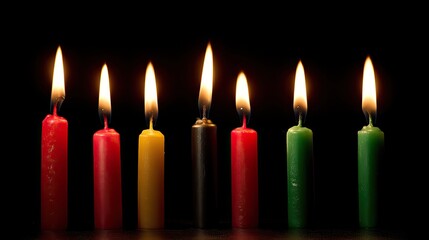 Seven Kwanzaa candles in arc formation with warm glowing flames, three red one black three green, dramatic low-key lighting and cinematic macro look symbolizing African heritage, unity and celebration