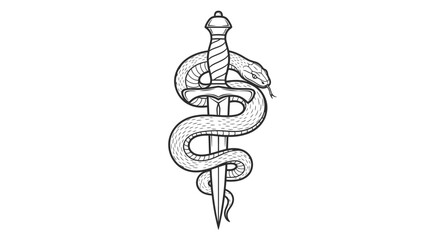 Intricate line art featuring a snake entwined around a dagger, symbolizing power and mystery