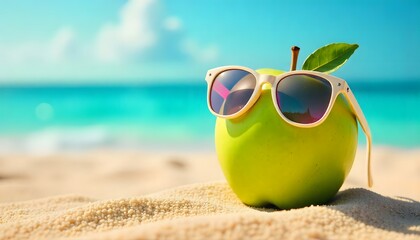 Fun summer concept of a green apple wearing sunglasses on the beach. Bright, creative, and eye-catching for lifestyle, health, and vacation themes.