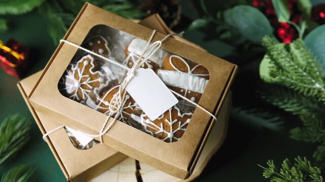 Gifts of festive gingerbread cookies in clear window boxes with white ribbon and blank tags surrounded by greenery