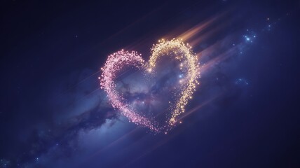A vibrant glowing heart shape formed from shimmering particles and celestial light against a dark cosmic background