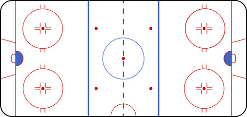 Naklejka premium Hockey rink. Hockey field. International Ice Hockey Rinks standard Dimensions and Sizes. Field hockey pitch top view illustration. Field hockey Size and Dimension Drawing Illustration.