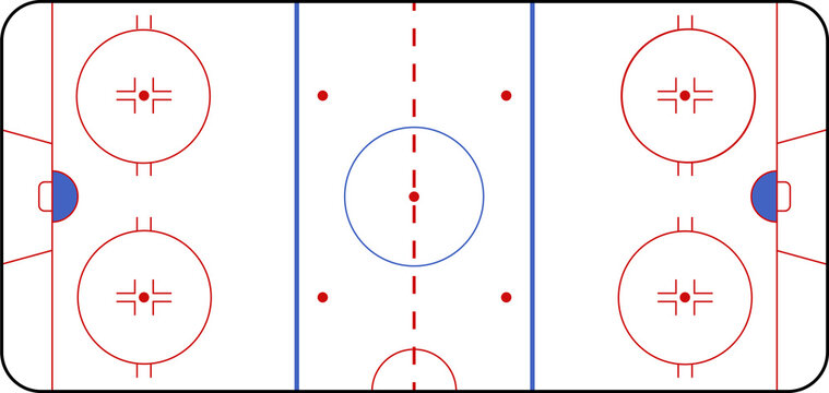 Hockey rink. Hockey field. International Ice Hockey Rinks standard Dimensions and Sizes. Field hockey pitch top view illustration. Field hockey Size and Dimension Drawing Illustration.