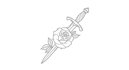 Elegant contrast of a delicate rose with a sharp sword, creating a visual tension illustration