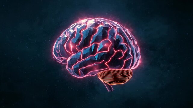 Rotating 3D brain in void, pulsing neon pink lines on blue cortex and orange striped cerebellum