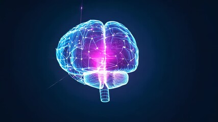 Beginning neon wireframe brain rotating in deep blue space, pulsing glowing nodes, stretching lines - Powered by Adobe