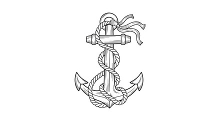 Detailed illustration of an anchor wrapped with a rope, showcasing nautical themes and vintage style
