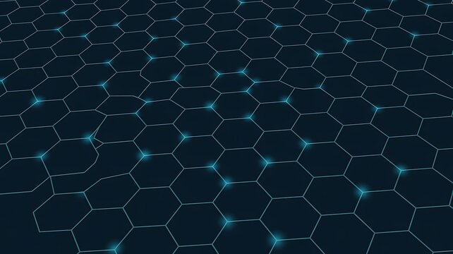 Deep blue hexagonal grid with glowing cyan nodes geometric pattern