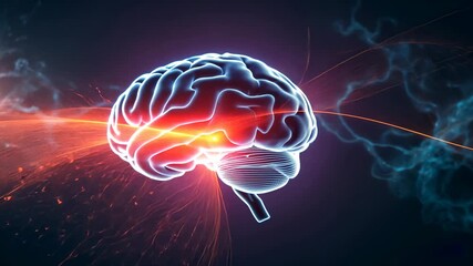 Neon-outlined brain pulsing orange core and rotating in abstract digital space, sparking arcs - Powered by Adobe