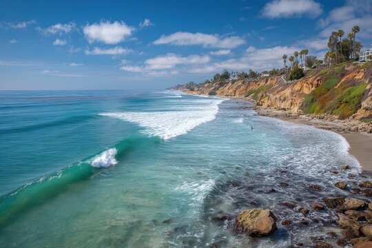 Encinitas California Beach. Coastal Nature Scene with Waves and Ocean Shore