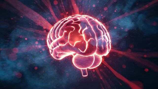 Starting 3D brain model rotating in space, showing brain activity with red streams and particles