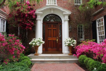 Front Door Sidelights. Elegant House Entrance with Portico, Brick Pathway, and Maroon Azalea Flowers