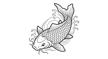 Detailed Line Art Depicting a Koi Fish with Water Patterns, Suitable for Tattoo Design