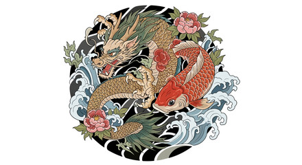 Intricate illustration of dragon and koi fish entangled amid stylized waves and floral accents