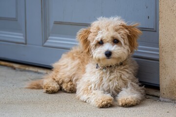 Garage Door Dog. Cute Bichon Poodle Mix Puppy Portrait in Brown Toy Canine Pet