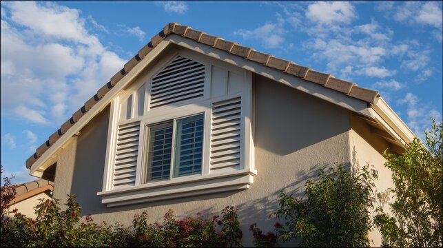Gable Vents. Ventilated Grille on Stucco Wall of House in Menifee, California