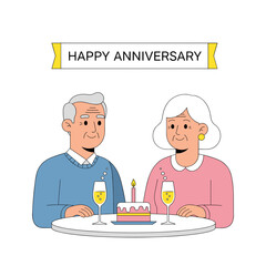 Elderly couple celebrating anniversary with cake and champagne at table  