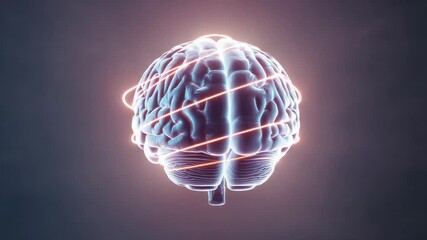 Pulsing orange light spiral initiating digital brain model rotating in virtual void, glowing orbit - Powered by Adobe