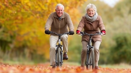 An elderly couple rides their bicycles along a scenic path lined with colorful autumn leaves. Their smiles reflect the joy of spending time together in nature during this beautiful fall season
