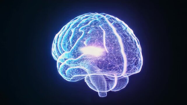 Pulsing light initiating neon-blue wireframe brain model rotating in dark digital background