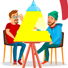 Two Friends Laughing Together Under a Bright Yellow Lamp at a Table with Chairs In a Studio Setting