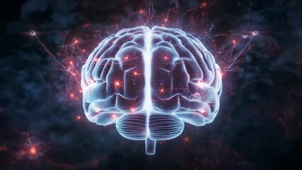 Floating brain model starting rotation in cosmic space, with glowing neural pulses - Powered by Adobe