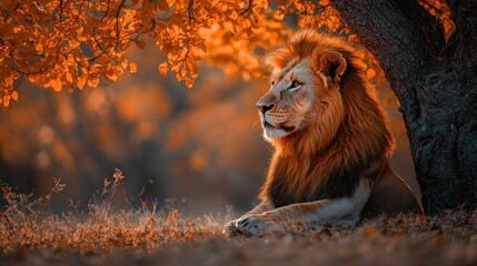 Majestic Lion basking under autumn foliage