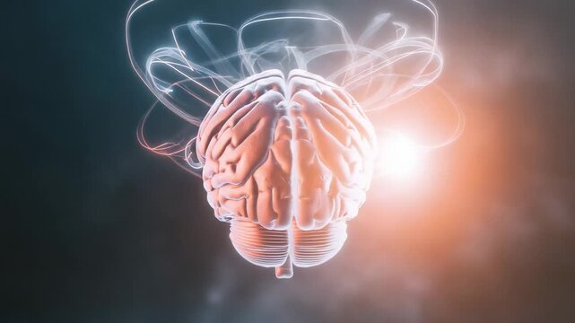 Upon glowing orb emerging, 3D brain model rotating in mist, unfurling energy ribbons mapping cortex
