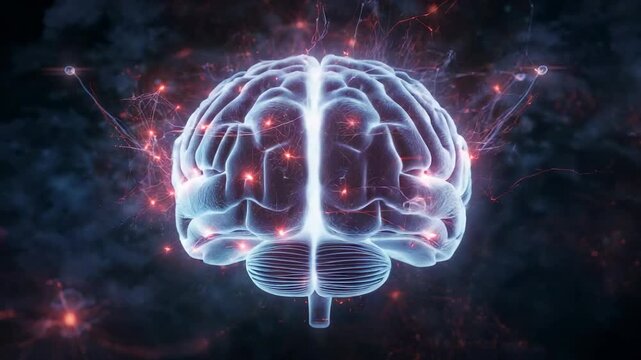 Floating brain model starting rotation in cosmic space, with glowing neural pulses