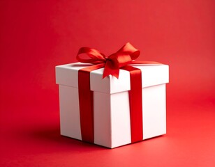 Fototapeta premium Elegant White Gift Box with Red Ribbon on Red Background.