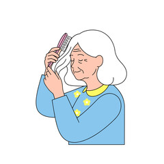 Elderly woman brushing her hair with a pink comb in a relaxed manner  