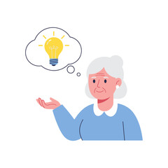 Elderly woman smiling while thinking of an idea with light bulb  
